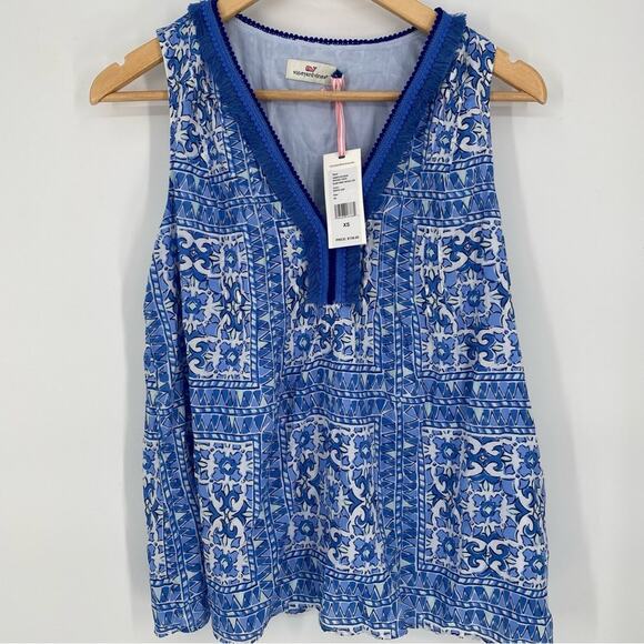 Vineyard Vines Tank Blue White Cay Scarf Print Nautical V-Neck Fringe Coastal XS - Picture 2 of 9